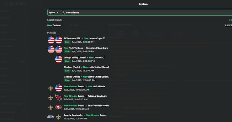 A view of the betting interface on BC Game, one of the best NY online sportsbooks.